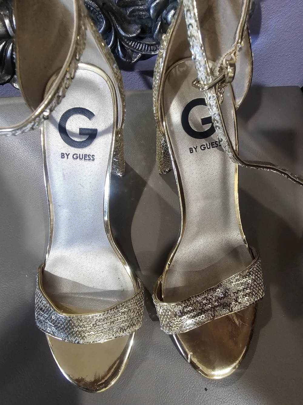 G by Guess Metallic Gold Sequin Ankle Strap Heels